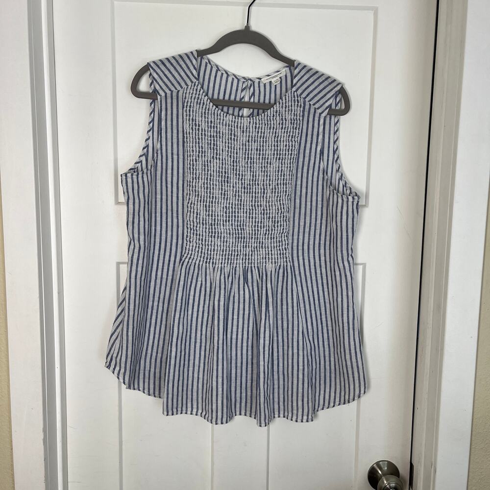 BeachLunchLounge Smocked Cotton Tank Coastal Beachy L Blue White Pinstripe